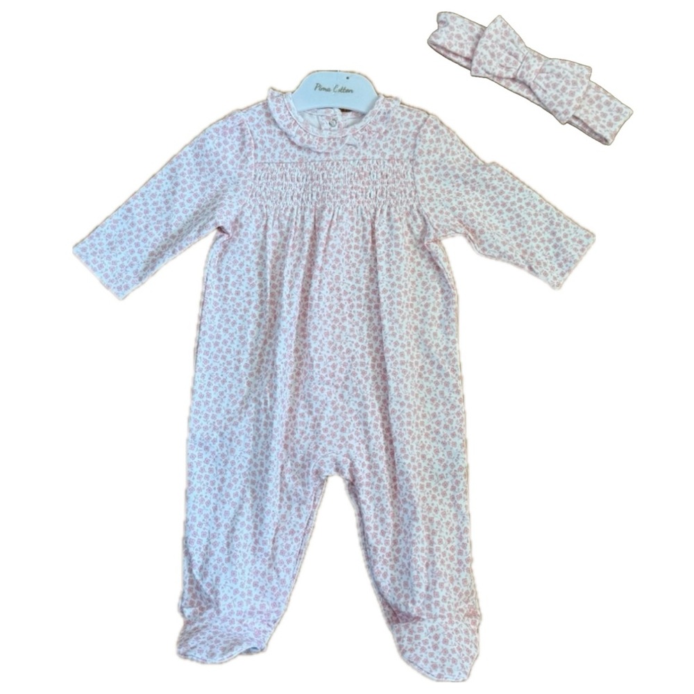 Little Me Pima Cotton Baby Girl One Piece w/Feet & Matching Headband